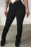 hulianfu - Black Casual Solid Ripped Slit High Waist Regular Denim Jeans
