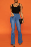 hulianfu - Blue Casual Solid Patchwork High Waist Boot Cut Denim Jeans