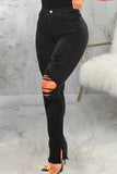 hulianfu - Black Casual Solid Ripped Patchwork Slit High Waist Denim Jeans