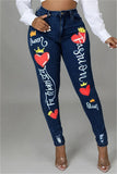 hulianfu - Deep Blue Fashion Casual Print Patchwork Mid Waist Skinny Denim Jeans