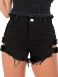 Womens High-Waisted Distressed Denim Shorts - Fashionable Cut-Outs, Buckle Accents, Frayed Hem, Non-Stretch Solid Color Summer Shorts for Elegant Casual Wear - Woven, No Printing, Spring/Summer Season