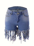 Ultra-Stretch Carnaval Fringe Denim Shorts - Fashionable Washed Blue, High Waist Party Style - For Trendsetting Women