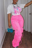 hulianfu - Fluorescent Pink Casual College Solid Ripped Make Old Patchwork Pocket High Waist Denim Jeans