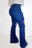 hulianfu - Deep Blue Fashion Casual Solid Ripped High Waist Regular Denim Jeans
