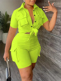 Chic Womens Two-Piece Outfit Set - Casual Button-Down Blouse & Flap Pocket Shorts - Perfect for Everyday Style - Contemporary Wardrobe Essential