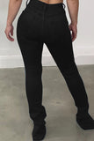 hulianfu - Black Casual Solid Ripped Slit High Waist Regular Denim Jeans