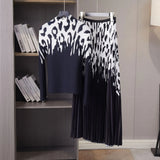 Two Piece Dress Fashion Two Piece Set For Women Autumn New Leopard Printed Stretch Miyake Pleated Tops And A-Line Big Swing Long Skirt Suit