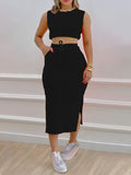 Chic Womens Two-Piece Outfit Set - Sleeveless Tank & Drawstring Split Skirt - Soft Breathable Casual Wear - Adjustable Fit for Fashionable Comfort