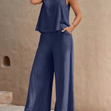 Two-Piece Pants Set - Soft Micro Elasticity Polyester Crew Neck Tank Top & Wide Leg Pants with Slant Pockets - Spring/Summer Casual Outfit for Women