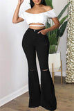 hulianfu - Black Fashion Casual Solid Ripped High Waist Regular Denim Jeans