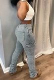 hulianfu - Black Casual Solid Patchwork Mid Waist Skinny Denim Jeans