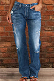 hulianfu - Black Casual Street Patchwork Ripped Straight Denim Jeans