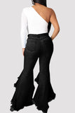 hulianfu - Black Fashion Casual Solid Patchwork High Waist Regular Denim Jeans