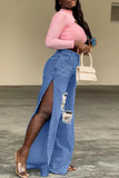 hulianfu - Blue Sexy Street Solid Ripped Patchwork Slit High Waist Denim Jeans