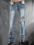 hulianfu - Baby Blue Motorpunk Cross Pattern Denim Trousers