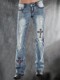 hulianfu - Baby Blue Motorpunk Cross Pattern Denim Trousers