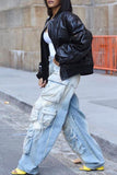hulianfu - Fluorescent Pink Casual College Solid Ripped Make Old Patchwork Pocket High Waist Denim Jeans