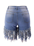 Ultra-Stretch Carnaval Fringe Denim Shorts - Fashionable Washed Blue, High Waist Party Style - For Trendsetting Women