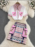 Two Piece Dress Summer Fashion Runway Skirt Suit Women's Short Sleeve Horse Geometry Print Blouse A Line Pocket Mini Skirt 2 Two Piece Set 230829