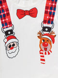 2pcs Baby's Cartoon Christmas Santa Elk Print Long Sleeve T-shirt & Casual Plaid Pattern Pants, Toddler & Infant Boy's Clothing Set, Outdoor Cloth