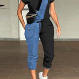 Effortlessly Chic Two-Piece Set - Women's Casual Colorblock Crew Neck Short Sleeve Top with Cozy Drawstring Pants for Daily Wear & Leisure