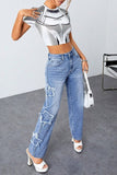 hulianfu - Blue Casual Solid Patchwork High Waist Straight Denim Jeans