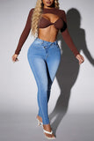 hulianfu - Deep Blue Casual Solid Patchwork High Waist Skinny Denim Jeans