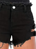 Womens High-Waisted Distressed Denim Shorts - Fashionable Cut-Outs, Buckle Accents, Frayed Hem, Non-Stretch Solid Color Summer Shorts for Elegant Casual Wear - Woven, No Printing, Spring/Summer Season