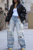 hulianfu - Fluorescent Pink Casual College Solid Ripped Make Old Patchwork Pocket High Waist Denim Jeans