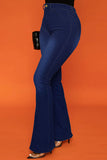 hulianfu - Blue Casual Solid Patchwork High Waist Boot Cut Denim Jeans