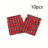 10 Pcs Festive Red Plaid Reusable Cotton Drawstring Bags - Perfect for Wedding, Birthday, Christmas, and More Decorative Occasions