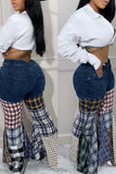 hulianfu - Black Street Plaid Print Patchwork High Waist Denim Jeans
