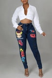 hulianfu - Light Blue Fashion Casual Print Patchwork Mid Waist Skinny Denim Jeans