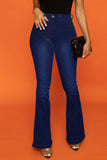 hulianfu - Blue Casual Solid Patchwork High Waist Boot Cut Denim Jeans