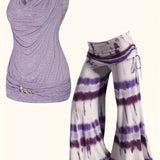 Two-Piece Tie Dye Wide Leg Pants Outfit - Cowl Neck Vest with Drawstring, Micro Elasticity, and Machine Washable - Spring/Summer Casual Wear for Women