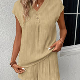 Solid Textured Two-piece Set, Button Front V Neck Short Sleeve Top & Wide Leg Shorts Outfits, Women's Clothing