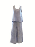 Two-Piece Stripe Print Casual Outfit - Comfortable Crew Neck Tank Top & Wide Leg Pants Set - Polyester Woven, No Elasticity, Spring/Fall Wear, No Sheer
