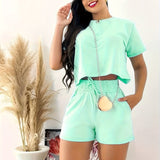 Womens Elegant Solid Color Casual Shorts Set - Crew Neck Short Sleeve Crop Top, Tie Waist Pants, Polyester Fabric, Regular Fit, Machine Washable - Perfect for Spring and Summer Outings