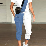 Effortlessly Chic Two-Piece Set - Women's Casual Colorblock Crew Neck Short Sleeve Top with Cozy Drawstring Pants for Daily Wear & Leisure