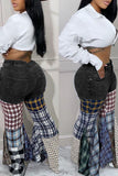 hulianfu - Black Street Plaid Print Patchwork High Waist Denim Jeans