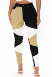 hulianfu - Khaki Casual Color Block Patchwork Mid Waist Skinny Denim Jeans