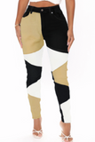 hulianfu - Khaki Casual Color Block Patchwork Mid Waist Skinny Denim Jeans