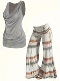 Two-Piece Tie Dye Wide Leg Pants Outfit - Cowl Neck Vest with Drawstring, Micro Elasticity, and Machine Washable - Spring/Summer Casual Wear for Women