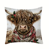 Christmas Highland Cow Throw Pillow Cover, Traditional Style, Hand Wash Only, Zipper Closure, Woven Polyester, Decorative Cushion for Living Room, Bedroom, and Various Room Types - 1 Piece