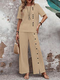 Two-Piece Elegant Crew Neck Short Sleeve Top and Split Wide Leg Pants Set - Soft Micro Elastic Polyester Fabric, Solid Color, and Classic Style for Spring/Summer - Womens Clothing Outfit