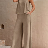 Two-Piece Pants Set - Soft Micro Elasticity Polyester Crew Neck Tank Top & Wide Leg Pants with Slant Pockets - Spring/Summer Casual Outfit for Women