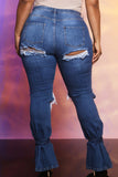 hulianfu - Blue Fashion Casual Solid Ripped Slit Mid Waist Regular Denim Jeans