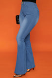 hulianfu - Blue Casual Solid Patchwork High Waist Boot Cut Denim Jeans