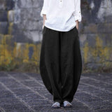 Women High Elastic Waist Lantern Pantalon Loose Baggy Pockets Cargo Pants Solid Cotton Linen Long Wide Leg Trousers