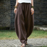Women High Elastic Waist Lantern Pantalon Loose Baggy Pockets Cargo Pants Solid Cotton Linen Long Wide Leg Trousers